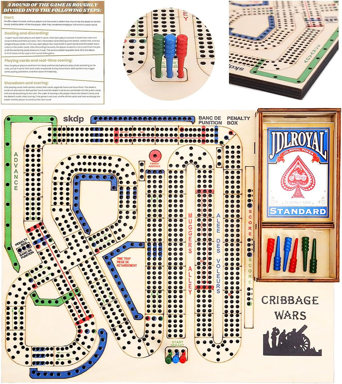 Cribbage Wars Board Game,2025 Wooden Cribbage Board Game Set Traps Games Classic Night Bar Games for Families with Built-In Storage Compartment for Cribbage Pegs