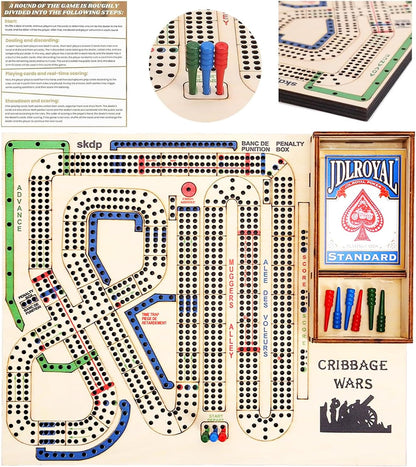Cribbage Wars Board Game,2025 Wooden Cribbage Board Game Set Traps Games Classic Night Bar Games for Families with Built-In Storage Compartment for Cribbage Pegs