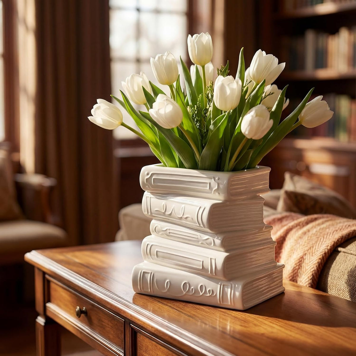 Ceramic Book Shaped Vase for Flowers 7" X 5.9" X 4.1", White
