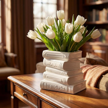 Ceramic Book Shaped Vase for Flowers 7" X 5.9" X 4.1", White