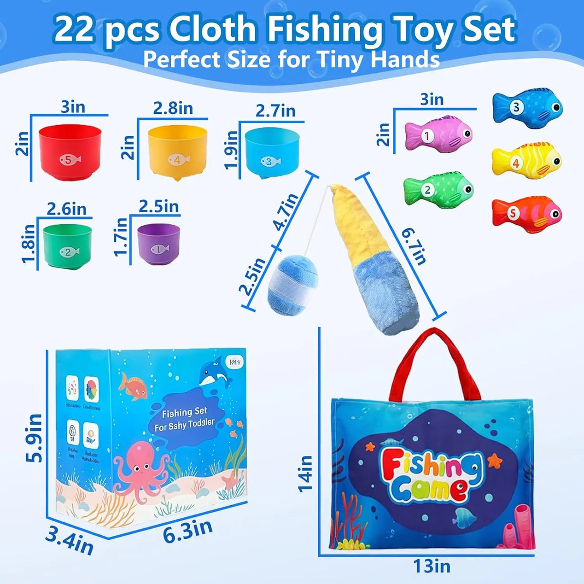 Montessori Toys 6 Months Boy Girl Birthday Gift - 10 in 1 Fabric Fishing Game for Toddlers with Stackable Cups - Number Counting