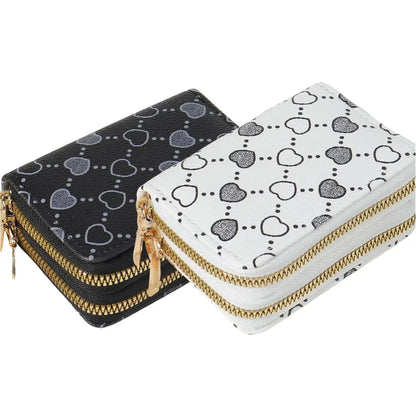 Women'S Fall Winter 2024 Retro Heart Print Double Zipper around Coin Purse for Mothers Day Gift, Simple Casual Multi-Card Card Holder, Pu Leather Credit Card Storage Bag for Outdoors & Travel