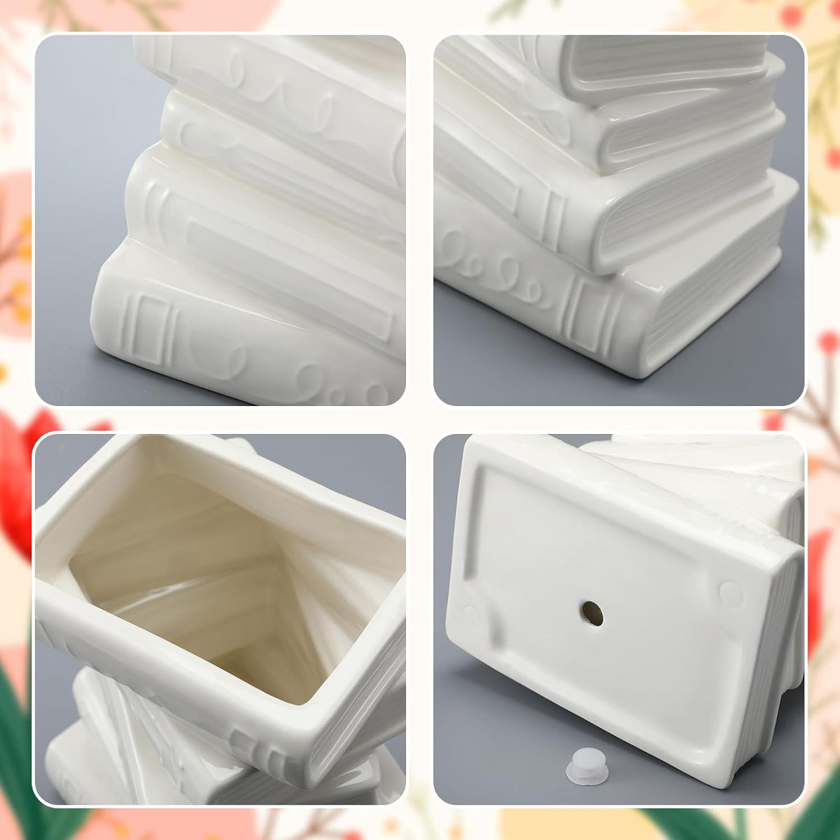 Ceramic Book Shaped Vase for Flowers 7" X 5.9" X 4.1", White
