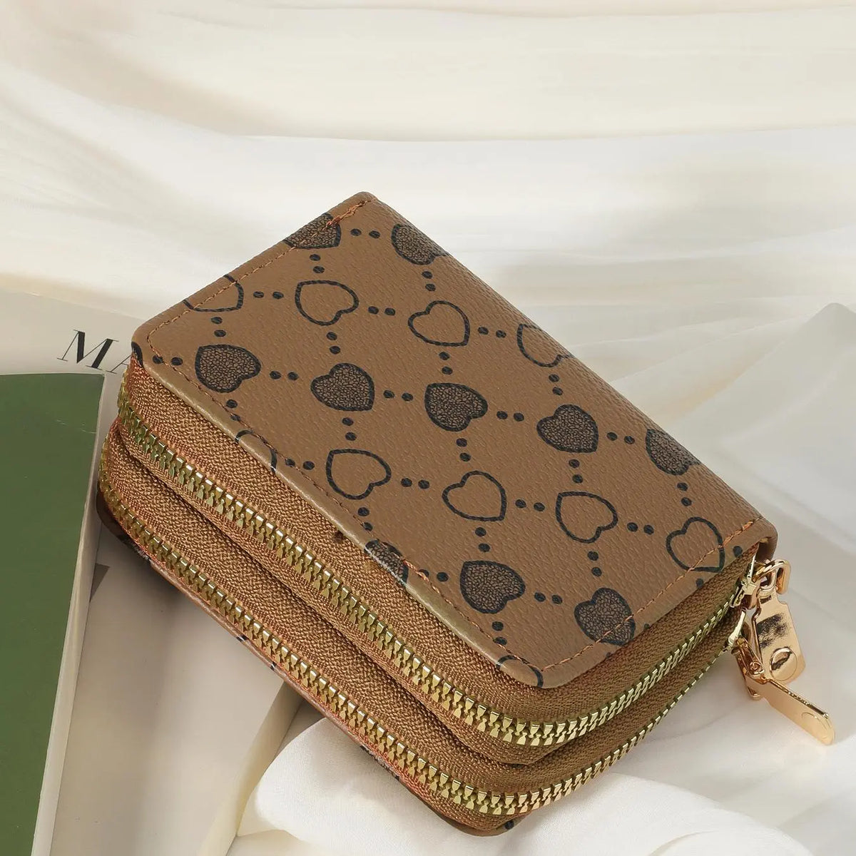 Women'S Fall Winter 2024 Retro Heart Print Double Zipper around Coin Purse for Mothers Day Gift, Simple Casual Multi-Card Card Holder, Pu Leather Credit Card Storage Bag for Outdoors & Travel