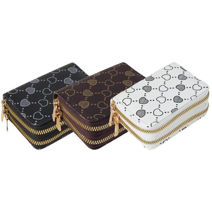Women'S Fall Winter 2024 Retro Heart Print Double Zipper around Coin Purse for Mothers Day Gift, Simple Casual Multi-Card Card Holder, Pu Leather Credit Card Storage Bag for Outdoors & Travel