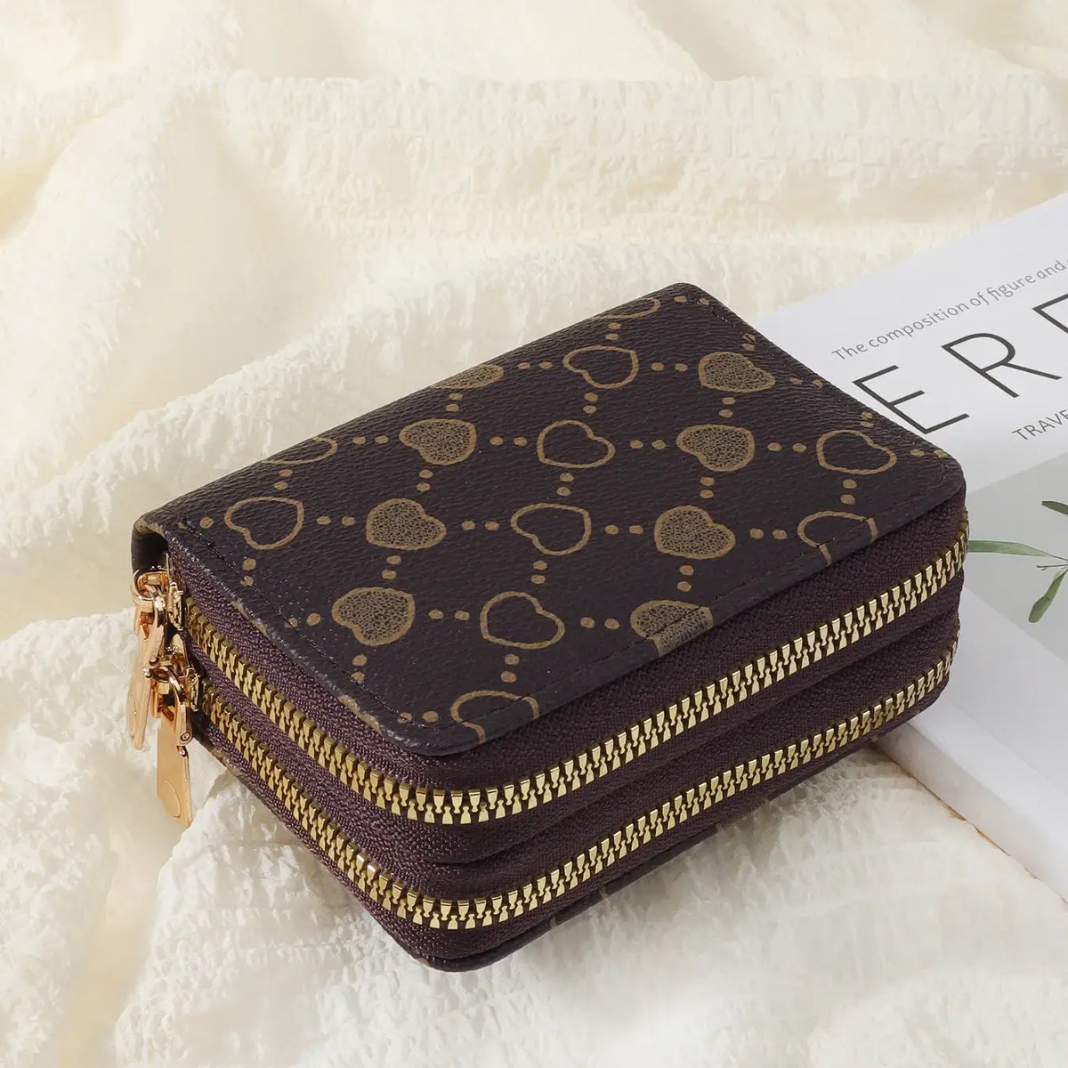 Women'S Fall Winter 2024 Retro Heart Print Double Zipper around Coin Purse for Mothers Day Gift, Simple Casual Multi-Card Card Holder, Pu Leather Credit Card Storage Bag for Outdoors & Travel