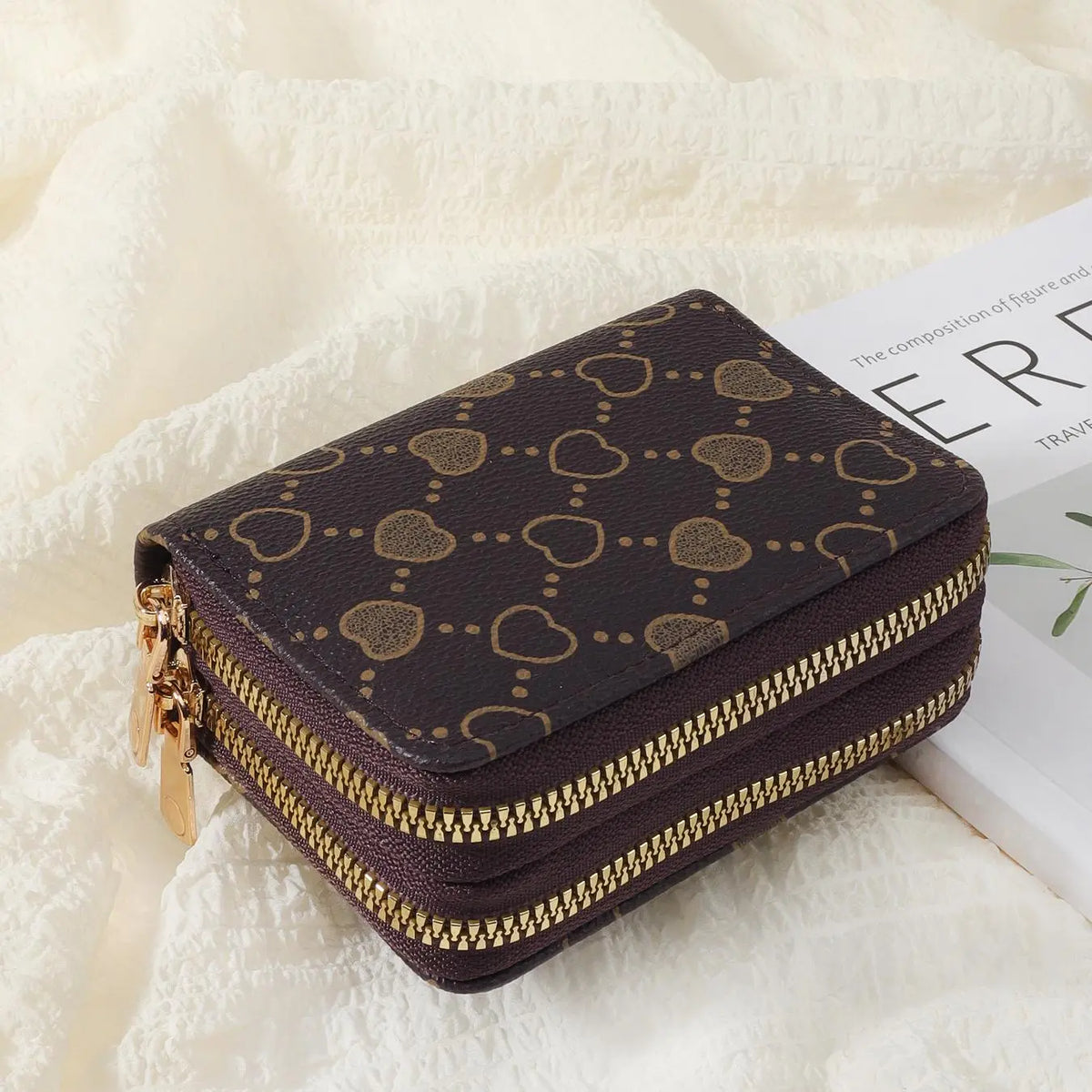 Women'S Fall Winter 2024 Retro Heart Print Double Zipper around Coin Purse for Mothers Day Gift, Simple Casual Multi-Card Card Holder, Pu Leather Credit Card Storage Bag for Outdoors & Travel