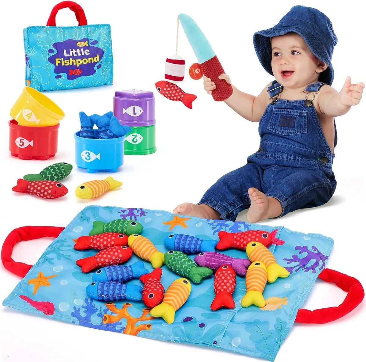 Montessori Toys 6 Months Boy Girl Birthday Gift - 10 in 1 Fabric Fishing Game for Toddlers with Stackable Cups - Number Counting