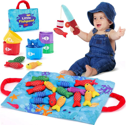 Montessori Toys 6 Months Boy Girl Birthday Gift - 10 in 1 Fabric Fishing Game for Toddlers with Stackable Cups - Number Counting