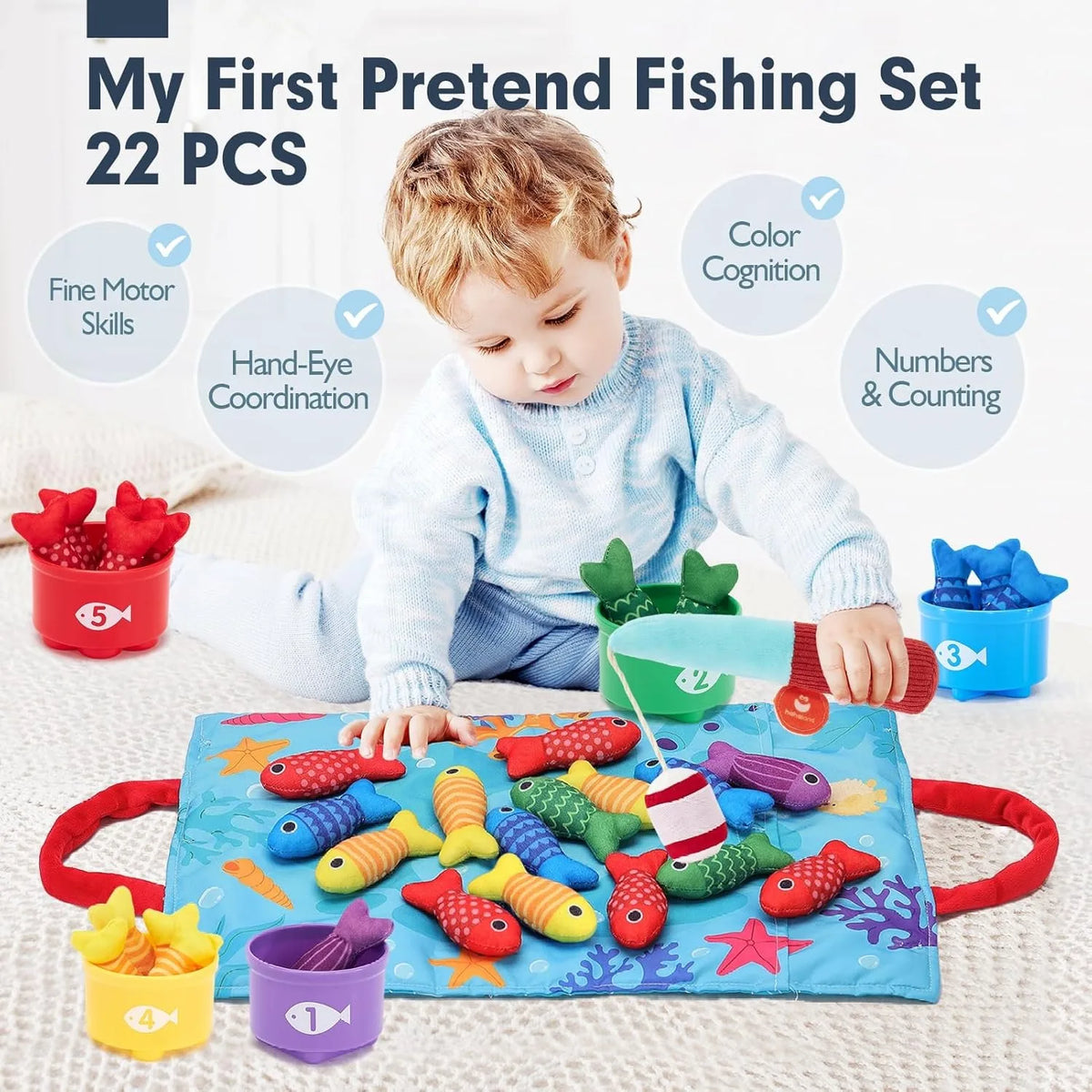 Montessori Toys 6 Months Boy Girl Birthday Gift - 10 in 1 Fabric Fishing Game for Toddlers with Stackable Cups - Number Counting