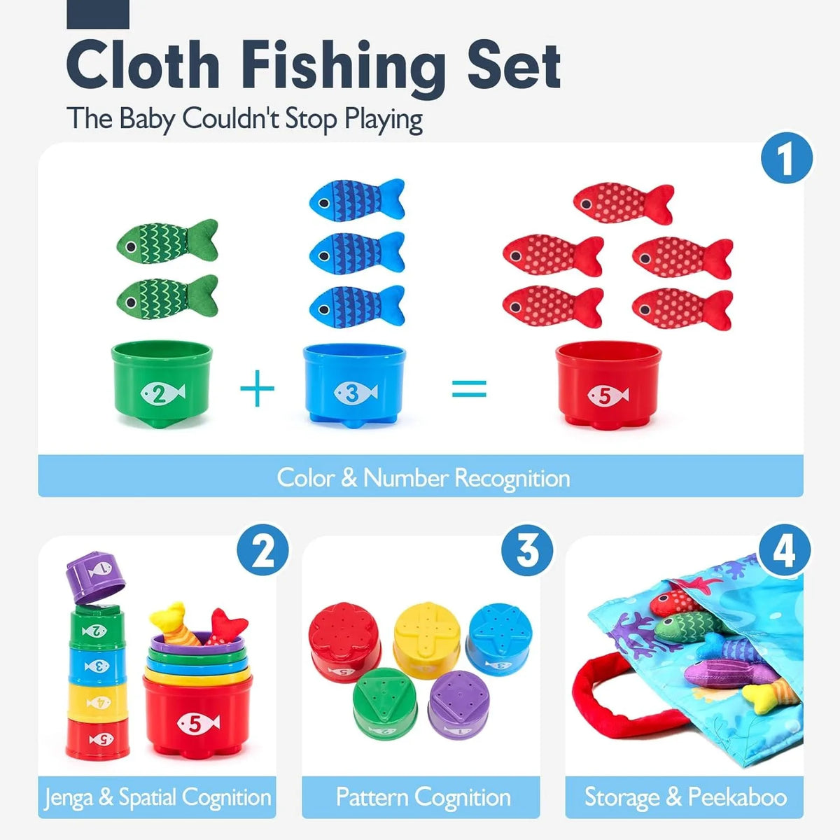 Montessori Toys 6 Months Boy Girl Birthday Gift - 10 in 1 Fabric Fishing Game for Toddlers with Stackable Cups - Number Counting