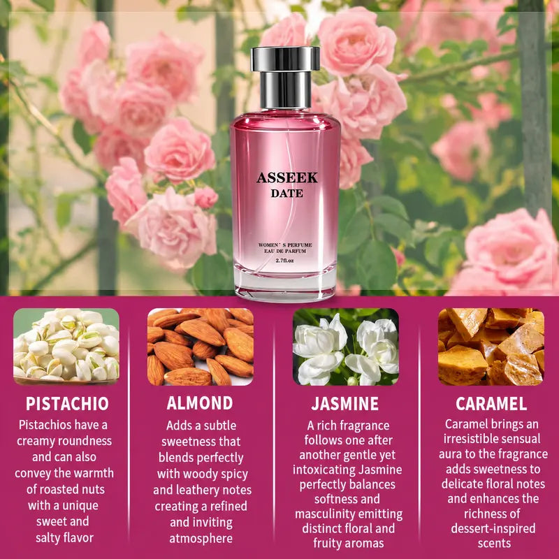 ASSEEK DATE Eau De Perfume 80Ml (2.7Fl Oz) - Aromatic Chic Gourmand, Long Lasting Vanilla Caramel Scent, Adults, Back to School, Gifts for Women