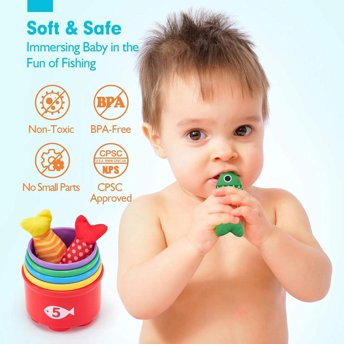 Montessori Toys 6 Months Boy Girl Birthday Gift - 10 in 1 Fabric Fishing Game for Toddlers with Stackable Cups - Number Counting