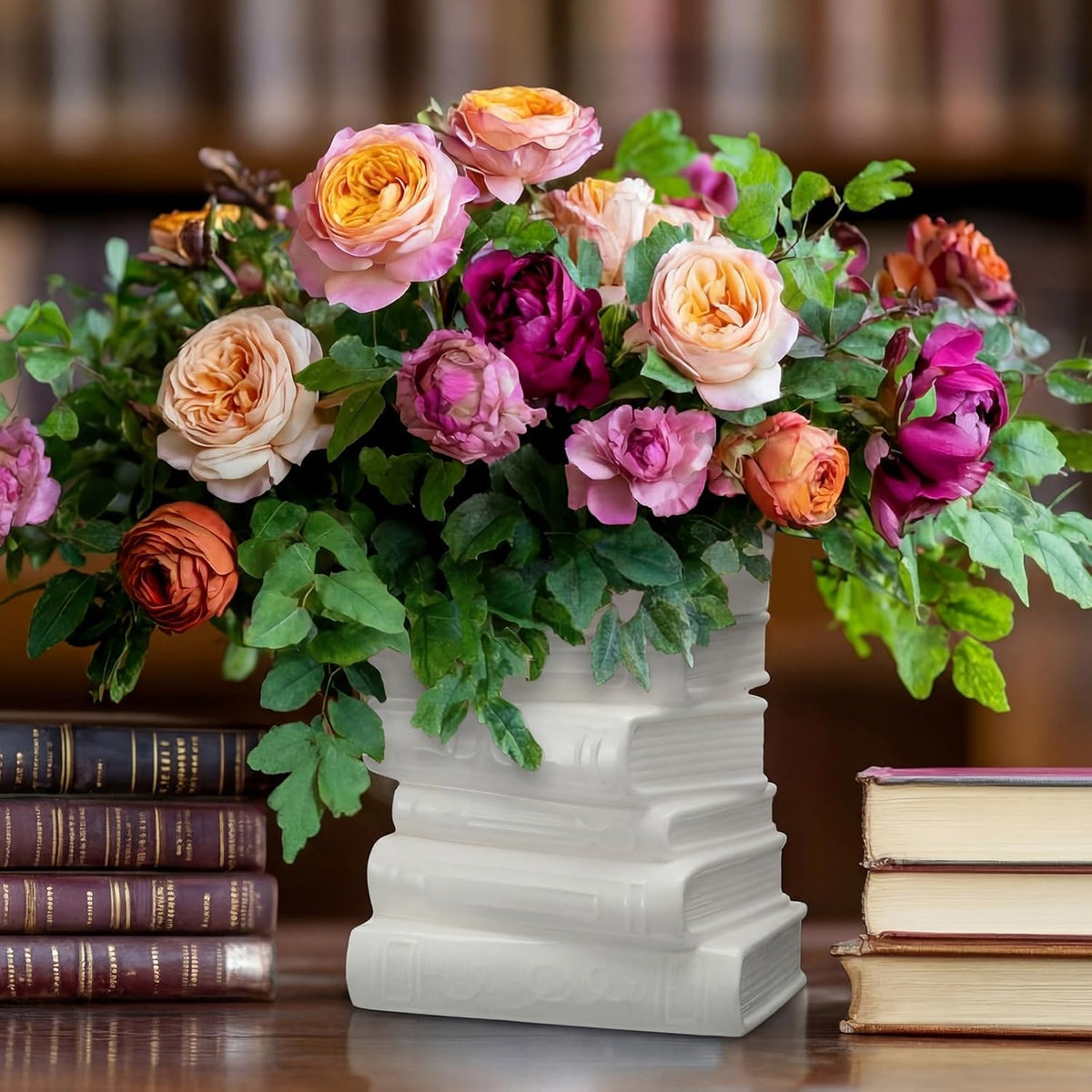 Ceramic Book Shaped Vase for Flowers 7" X 5.9" X 4.1", White