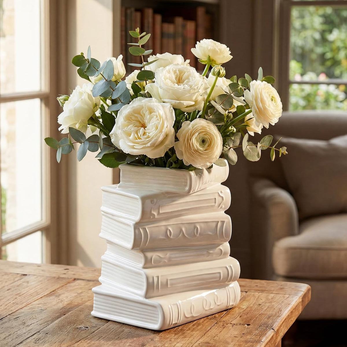 Ceramic Book Shaped Vase for Flowers 7" X 5.9" X 4.1", White