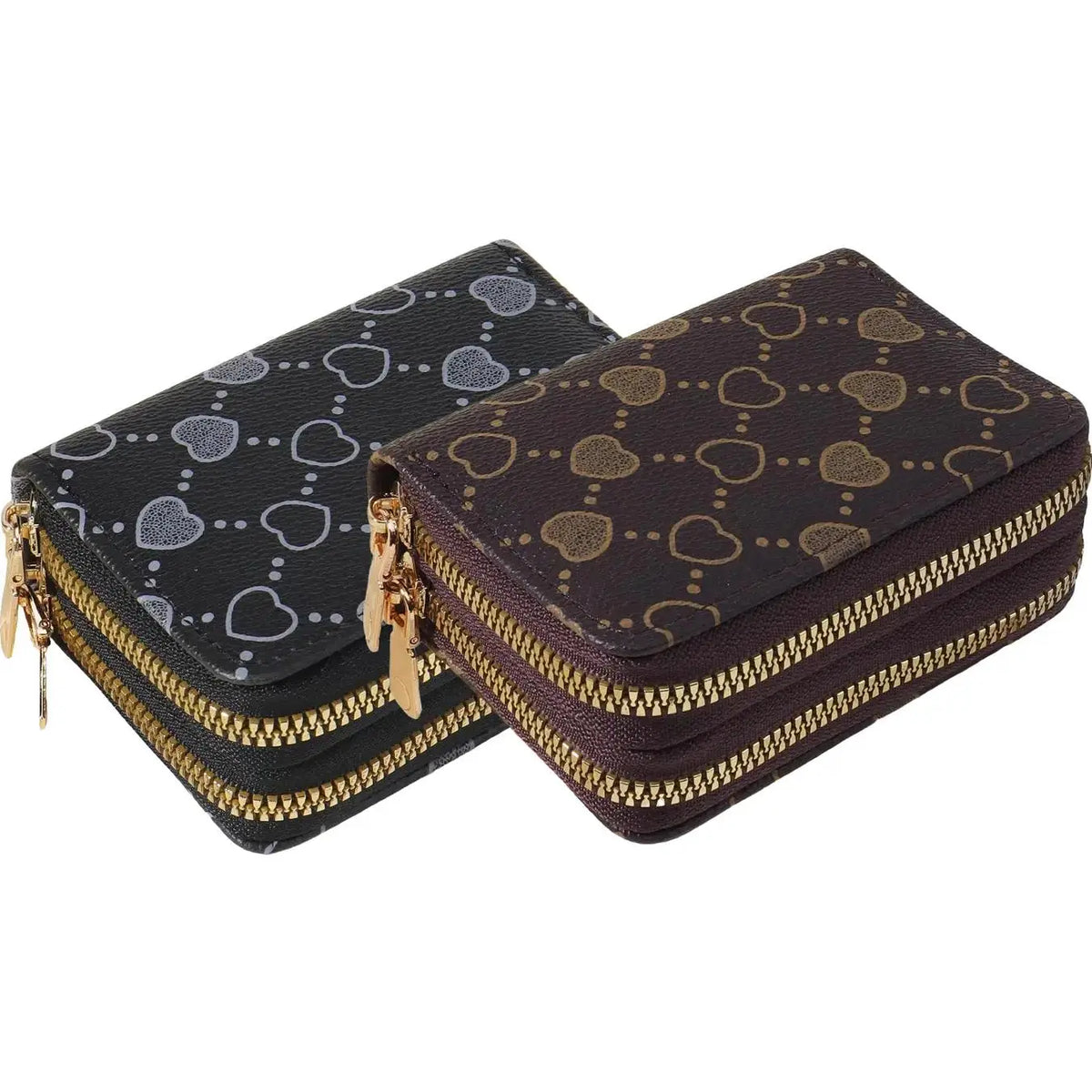Women'S Fall Winter 2024 Retro Heart Print Double Zipper around Coin Purse for Mothers Day Gift, Simple Casual Multi-Card Card Holder, Pu Leather Credit Card Storage Bag for Outdoors & Travel