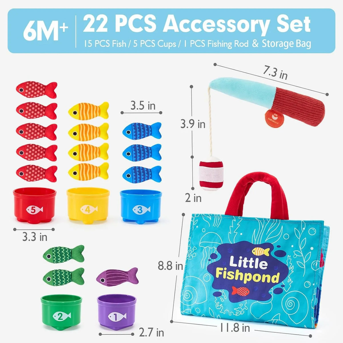 Montessori Toys 6 Months Boy Girl Birthday Gift - 10 in 1 Fabric Fishing Game for Toddlers with Stackable Cups - Number Counting