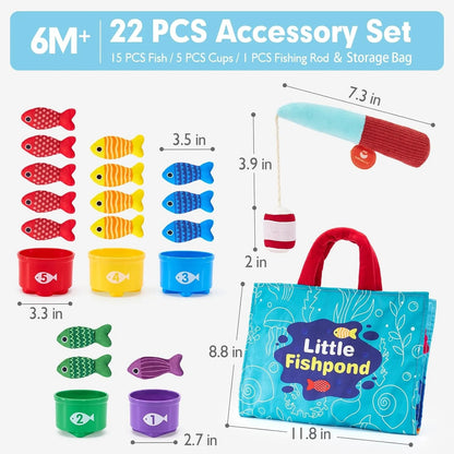 Montessori Toys 6 Months Boy Girl Birthday Gift - 10 in 1 Fabric Fishing Game for Toddlers with Stackable Cups - Number Counting