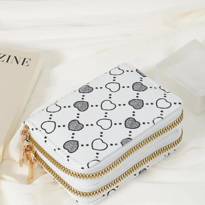 Women'S Fall Winter 2024 Retro Heart Print Double Zipper around Coin Purse for Mothers Day Gift, Simple Casual Multi-Card Card Holder, Pu Leather Credit Card Storage Bag for Outdoors & Travel