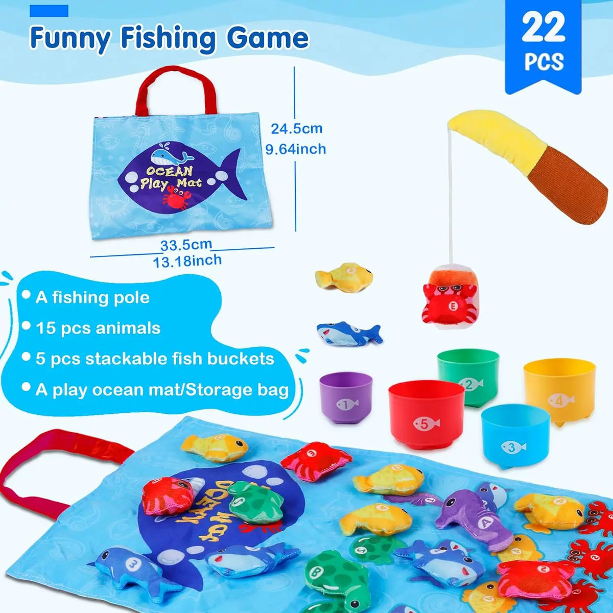 Montessori Toys 6 Months Boy Girl Birthday Gift - 10 in 1 Fabric Fishing Game for Toddlers with Stackable Cups - Number Counting