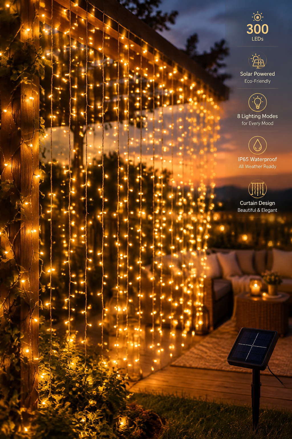 Outdoor Solar Curtain Light 3X3M 300Leds Holiday Decorations Garland 8 Modes Halloween Christmas Party Decor String Lights