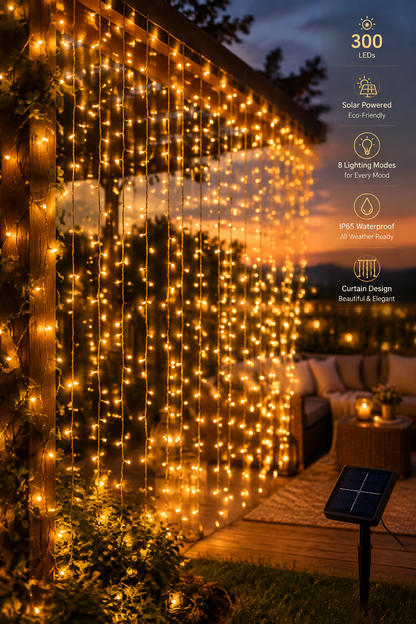 Outdoor Solar Curtain Light 3X3M 300Leds Holiday Decorations Garland 8 Modes Halloween Christmas Party Decor String Lights